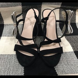 BCBG Generation black ankle strap heels with bow